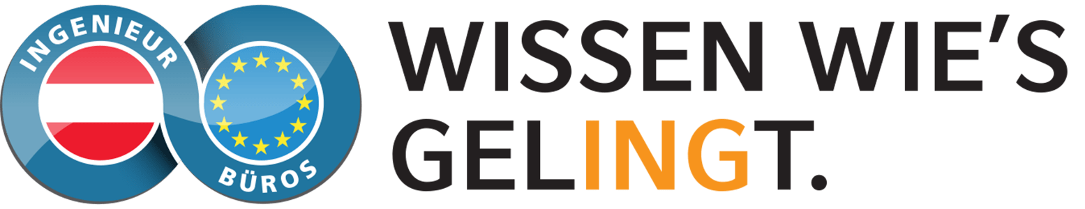 Zwei sich überschneidende blaue Kreise: einer mit der österreichischen Flagge und INGENIEUR, der andere mit EU-Sternen und BÜROS. Auf der rechten Seite steht in fetter Schrift: WISSEN WIE'S GELINGT, mit INGT in Orange.